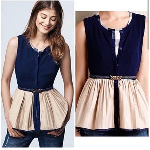 Anthropologie Moth Tank Top Size XS Darcy Peplum Navy Beige Summer Mixed Fabric